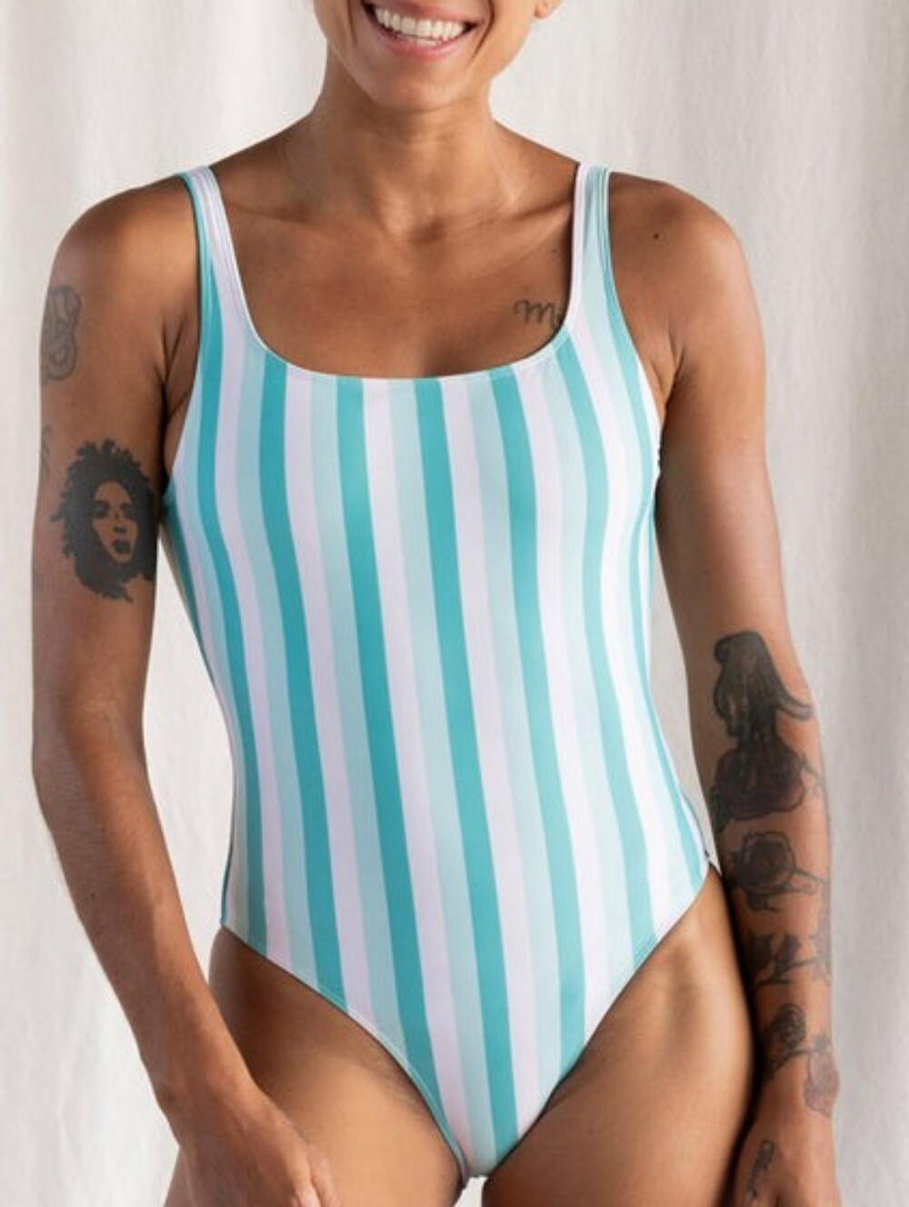 September One-Piece Swimsuit in Aqua & White Stripes Size Large NWT